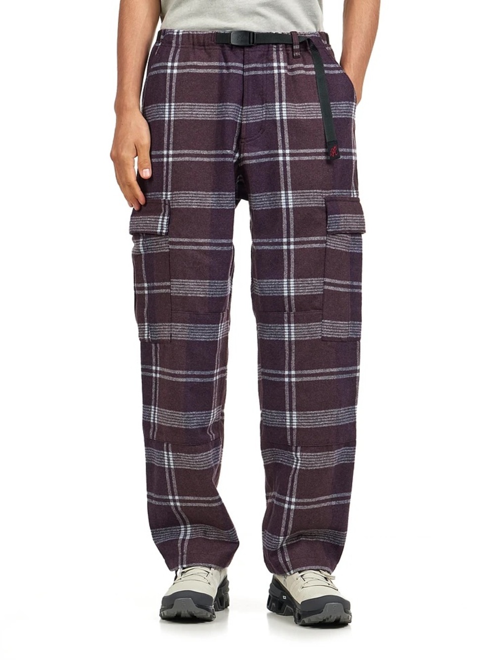 Gramicci Wool Cargo Pants Burly Plaid Small Relaxed Belt Purple Maroon White